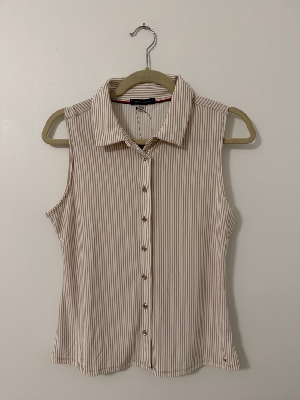 Tommy Hilfiger Beige and White Striped Sleeveless Button-Down - Size S